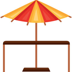 Obraz premium A Stylized Outdoor Table With A Red And Yellow Striped Umbrella Provides Shade On A Sunny Day