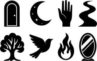 Obraz premium Mystical symbols: door, moon, hand, pathway, tree, bird, flame, mirror in silhouette style