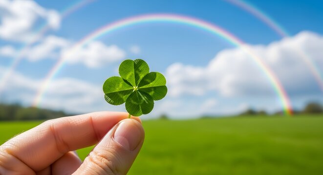 Good luck charm in a bright green field. St. Patrick's Day and natural beauty concept. Hand holding a four-leaf clover against a sunny sky, rainbow, and grass meadow
