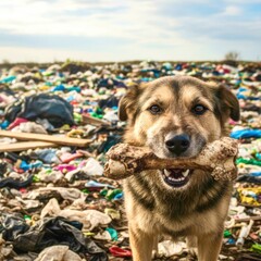 A dog is holding a bone in its mouth