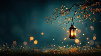 A serene scene featuring a lantern hanging from a tree branch, surrounded by glowing orbs and flowers, evoking a tranquil, enchanting atmosphere.