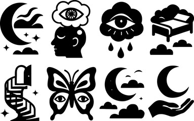 Naklejka premium Dreamscape icons: surreal nighttime symbols in bold black and white design