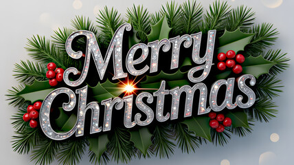 Glittering Merry Christmas Typography with Pine Needles and Red Berries
