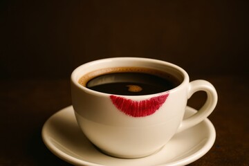 A cup of coffee with a red lipstick on the side