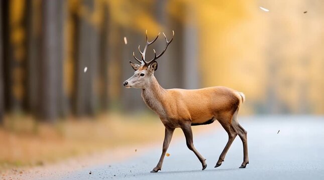 Deer with antler walking on road in autumn forest with warm golden yellow animal background