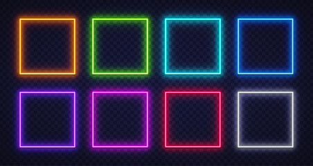 Set of glowing neon square frames in bright colors on a transparent background. Modern futuristic design perfect for digital interfaces, ads, or posters. © Ivan