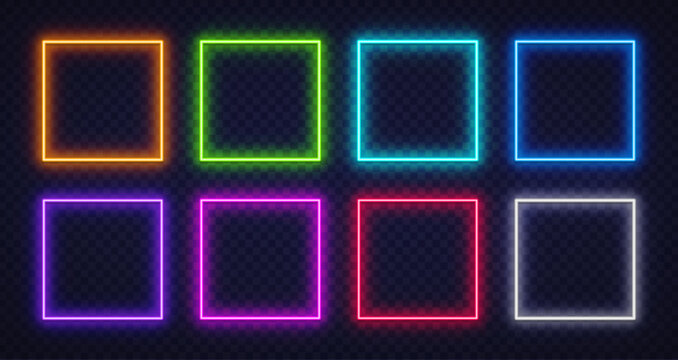 Set of glowing neon square frames in bright colors on a transparent background. Modern futuristic design perfect for digital interfaces, ads, or posters.