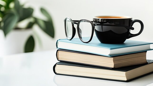 A stack of professional certification textbooks (e.g., CFA, PMP) next to a pair of stylish reading glasses and a cup of black coffee on a minimalist desk. 