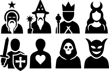 Fantasy icons collection: wizards, warriors, and mystical figures in silhouette style