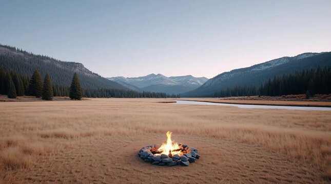 Campfire burning in a stone ring on dry grass field with mountain forest background