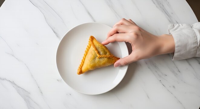 Hand picking up golden triangular savory pastry from white plate