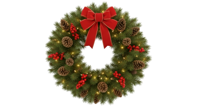Christmas Wreath with Pine Cones Red Berries and Red Bow on Green Fir Branches