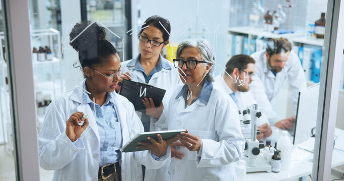 Tablet, formula and writing with people in lab for chemical structure, medical drug trail and research. Brainstorming, vaccine molecule and amino acids equation with scientists for healthcare