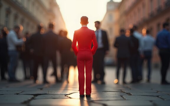 red figurine of a man stands aside from the crowd of people. Asociality, sociopathy. Rejected from society, lonely. Development of leadership and social qualities. Infected, fear and misunderstanding.