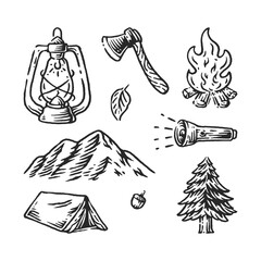 outdoor camping element set hand drawn