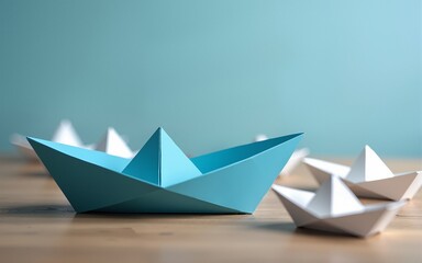 Blue Paper Boat Leading A Fleet Of Small White Boats On Wooden Table With Vintage Effect - Leadership Concept. High quality