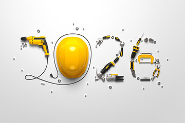 Creative 2026 New Year design template on engineering, construction, interior finishing, repair and maintenance theme. 3d render illustration for a greeting card, calendar or banner.