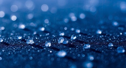 Macro view of sparkling water droplets on a dark blue waterproof surface with beautiful bokeh.