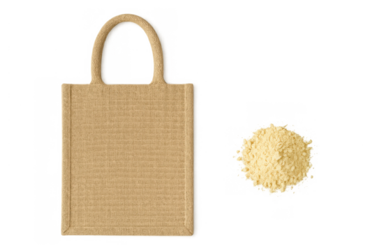 Beige eco-friendly tote bag with powder, displaying sustainable consumption and grocery shopping on transparent background