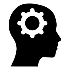 Black Silhouette Head Profile with White Gear Icon Inside Symbolizing Thinking Strategy and Mechanism
