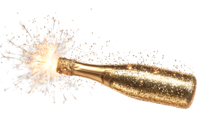 Champagne bottle popping with sparkle, isolated on transparent background
