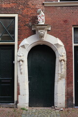 Sculpted Gate Frame with a Ram Holding the Leiden Coat of Arms in Leiden, Netherlands