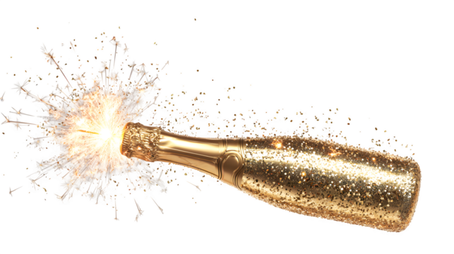 Champagne bottle popping with sparkle, isolated on transparent background