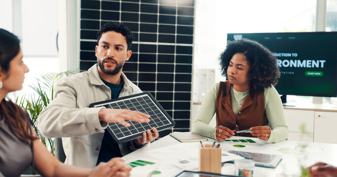 Proposal, prototype and solar panel with business man in office for renewable energy initiative. Pitch, presentation and sustainability with employee in workplace for photovoltaic power production