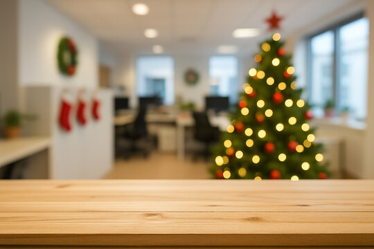 wooden top table with blurry background christmas tree at office