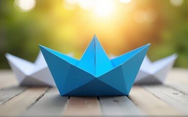 Blue Paper Boat Leading A Fleet Of Small White Boats With Compass Icon On Wooden Table With Sunlight - Leadership Concept. High quality