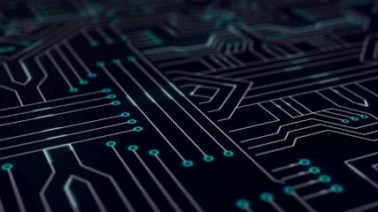 Blue circuit board with glowing light suggesting data processing or electronic activity. circuit board lines animation. Digital circuit board elements. - Powered by Adobe