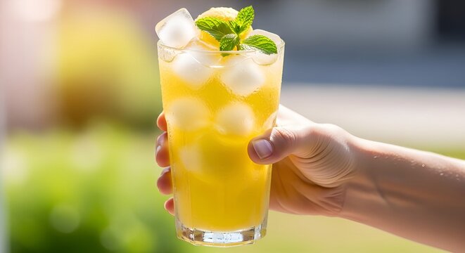 Chilled lemonade with ice cubes and mint held by hand outdoors - Powered by Adobe
