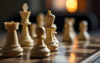 Pieces on chess board for playing game and strategy. High quality
