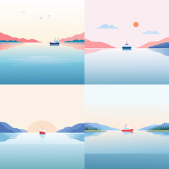 Minimalist lake horizon vector set with small cargo ship sailing in calm water, soft gradient sky and peaceful mountain landscape.