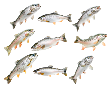 Set of trout fish with spotted scales, fins and open mouth isolated on white transparent background