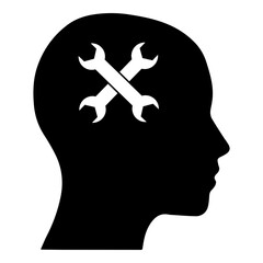 Silhouette of Human Head with Crossed Wrenches Inside Concept for Thinking Problem Solving and Mental Repair