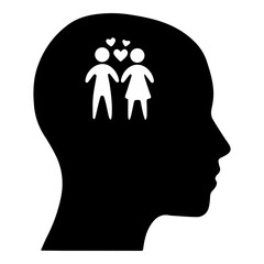 Silhouette of Human Head with Couple Love Icons Inside for Relationship Thoughts Concept