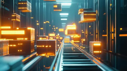 Automated data boxes moving in futuristic server warehouse - Powered by Adobe