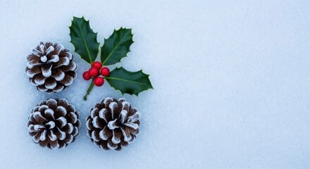 Christmas holiday background with holly berries and frosted pinecones on a light blue surface.