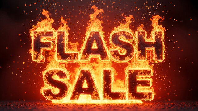 Burning Flash Sale typography surrounded by fire, smoke and glowing embers, ideal for digital marketing visuals, online store banners and attention-grabbing sale announcements