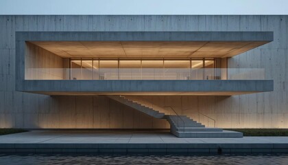 Modern concrete building with a warm illuminated balcony and exterior staircase next to water at dusk