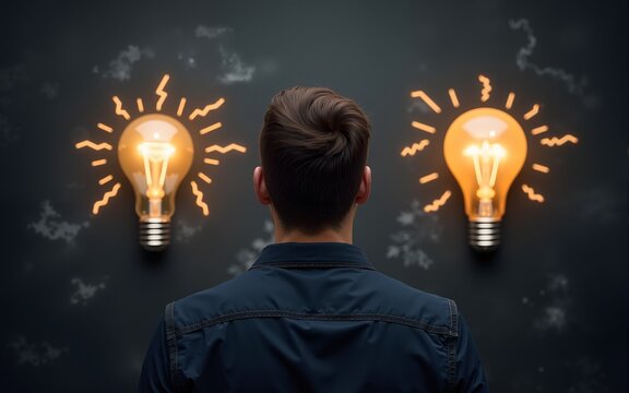 Back view of man looking at light bulbs on blackboard. Concept of creative thinking innovative idea generation. Concept of business solution brainstorming. New tech concepts for company development.
