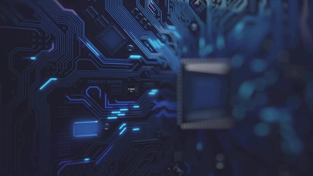 animation of High technology circuit board with glowing blue lines. flat microelectronics circuits board. Artificial intelligence data computing chip.