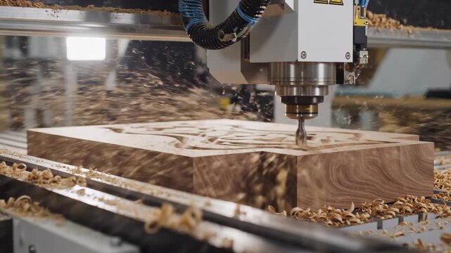 A CNC router machine carving a design into a solid wood block. Automated woodworking process with wood shavings flying. Modern industrial manufacturing and technology