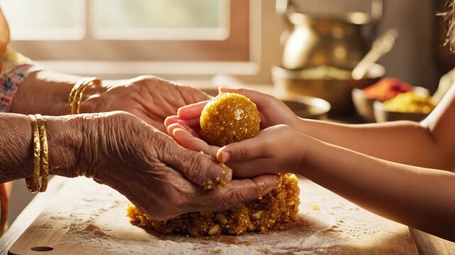 A close-up of a grandmother and child's hands making a traditional Indian sweet. An elderly woman teaches a grandchild a family recipe in the kitchen. Intergenerational bonding and cultural heritage 