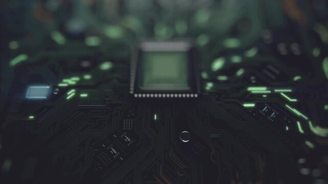 microelectronics circuits board. Artificial intelligence data computing chip. a complex circuit lights, simulating rhythmic pulse of system activity.