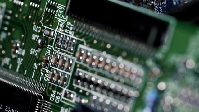 microelectronics circuits board. Artificial intelligence data computing chip. a complex circuit lights, simulating rhythmic pulse of system activity.