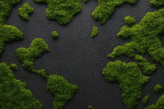 Conceptual world map made of moss on electronic circuit board background