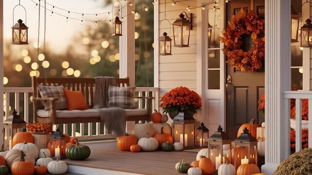 Autumn Porch Decor A Cozy Fall Scene with Pumpkins, Lanterns, and Floral Arrangements