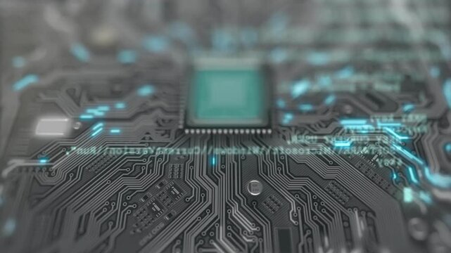 animation of High technology circuit board with glowing blue lines. flat microelectronics circuits board. Artificial intelligence data computing chip.